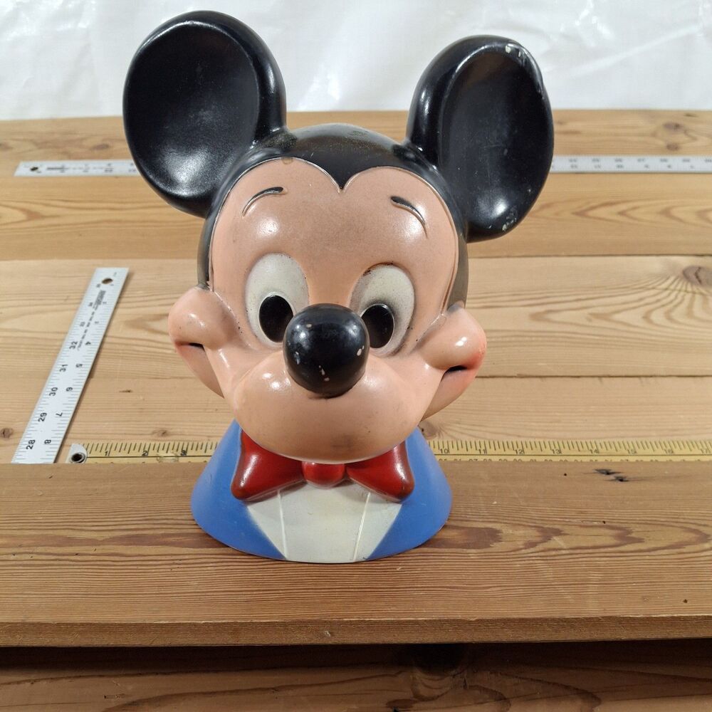 Vintage Disney Mickey Mouse head plastic piggy coin bank 1971 10" + plug